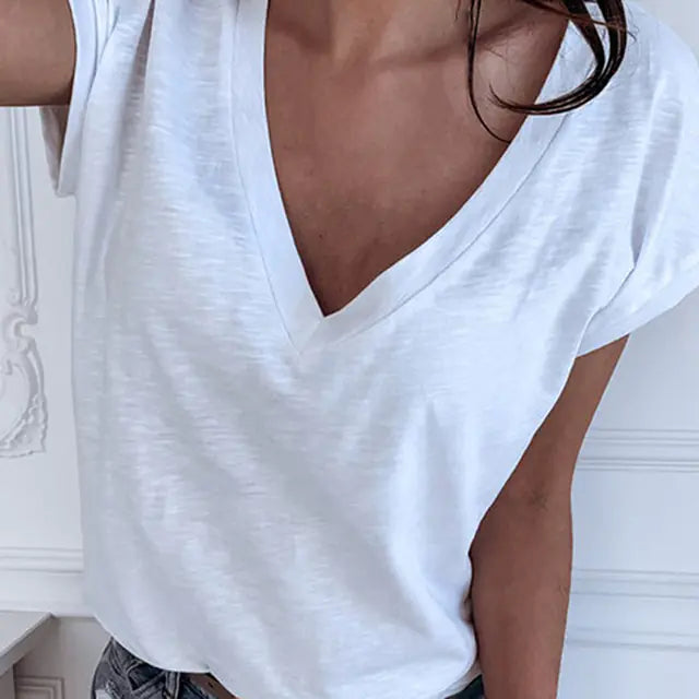 Solid Color V-neck Short-sleeved Cotton T-shirt for Women
