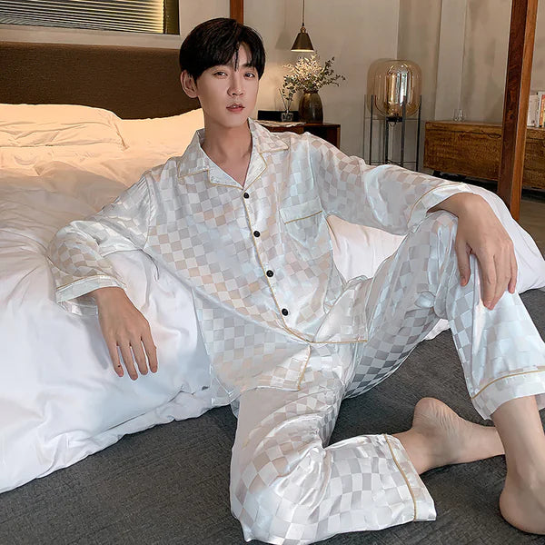 Mens Luxury 2tone Square Silk Pyjama Set