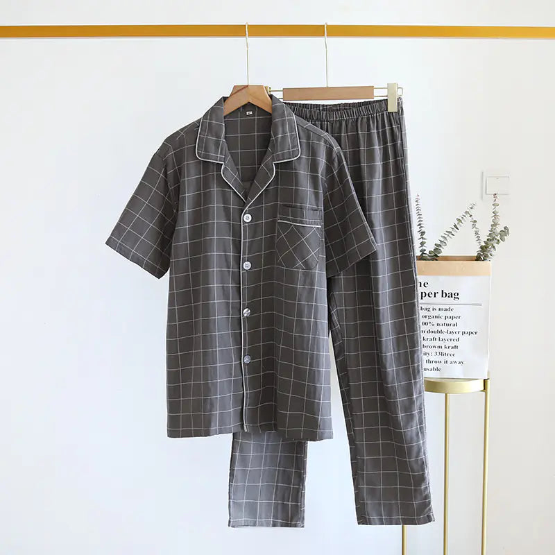 Men's Short-Sleeved Plaid Pajama Set with Trousers