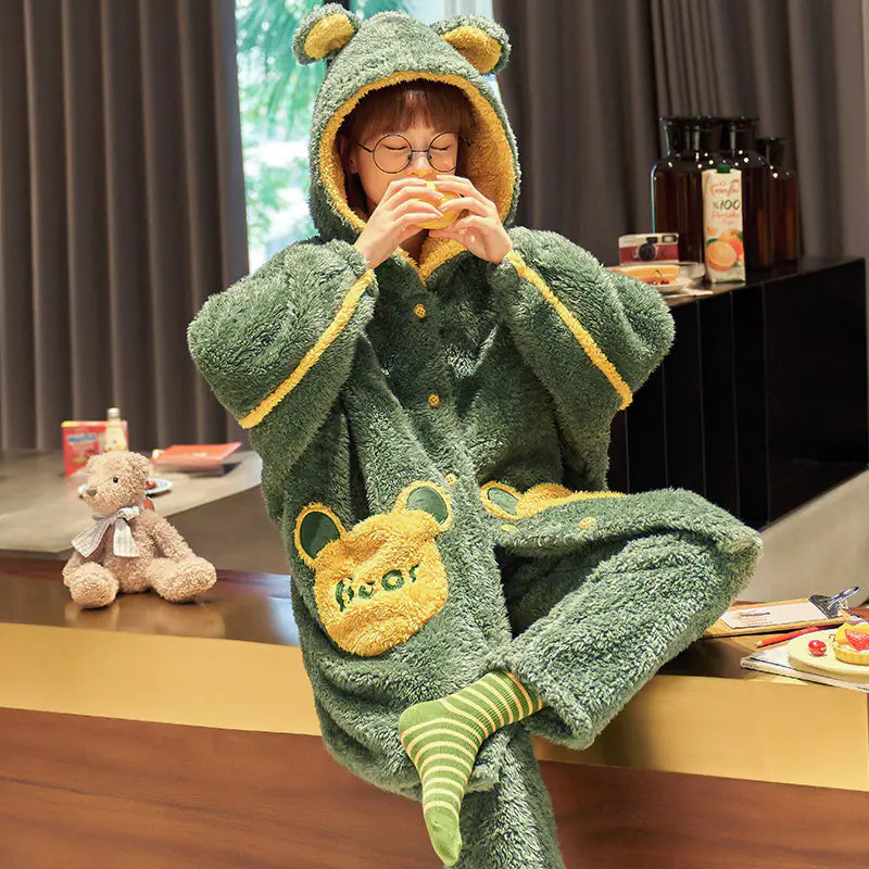 Thick Coral Fleece Hooded Robe and Pajama Set