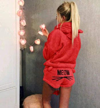 Cat Embroidery Hoody Pajama Set