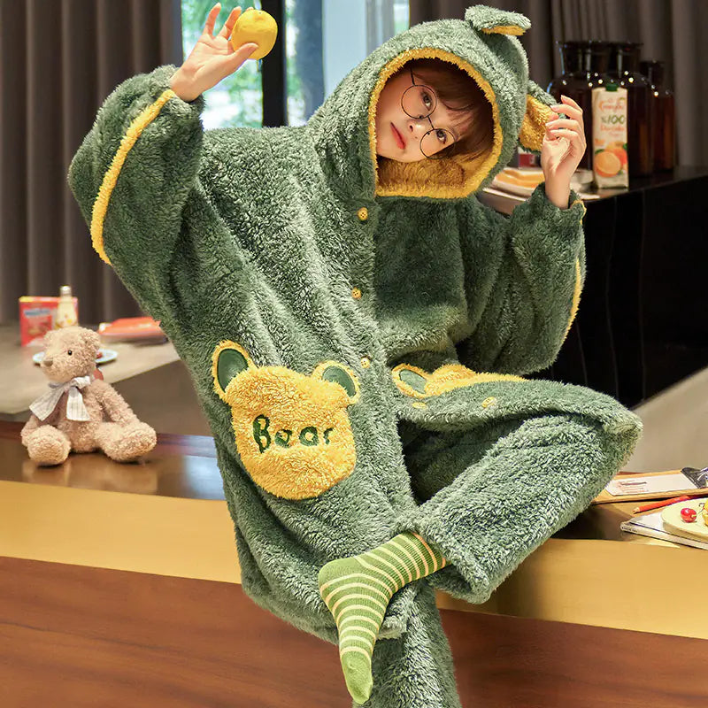 Thick Coral Fleece Hooded Robe and Pajama Set