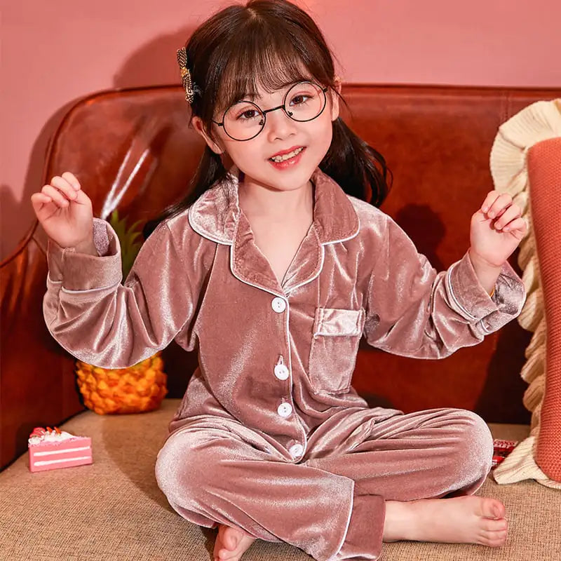 Gold Velvet Pajamas Set for Kids