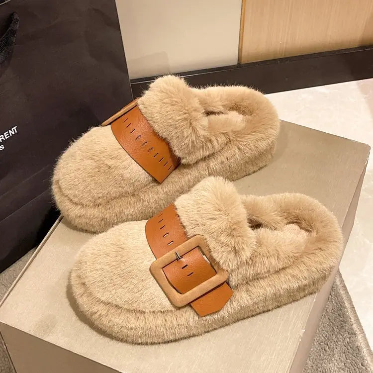 Plush Fur Slippers with Buckle