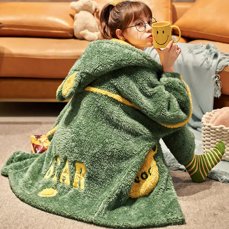 Thick Coral Fleece Hooded Robe and Pajama Set