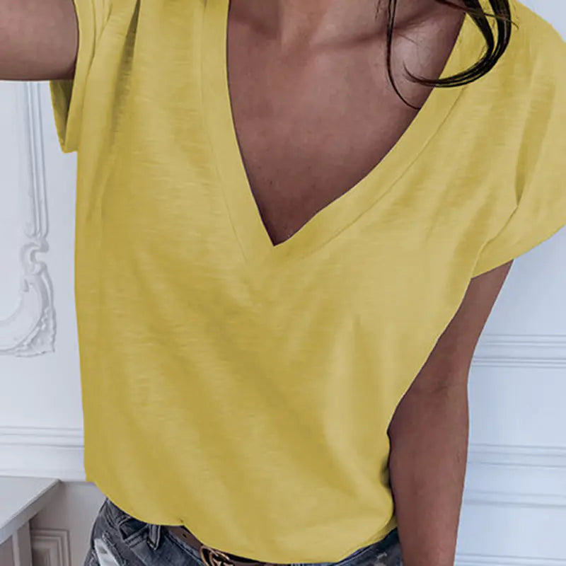 Solid Color V-neck Short-sleeved Cotton T-shirt for Women
