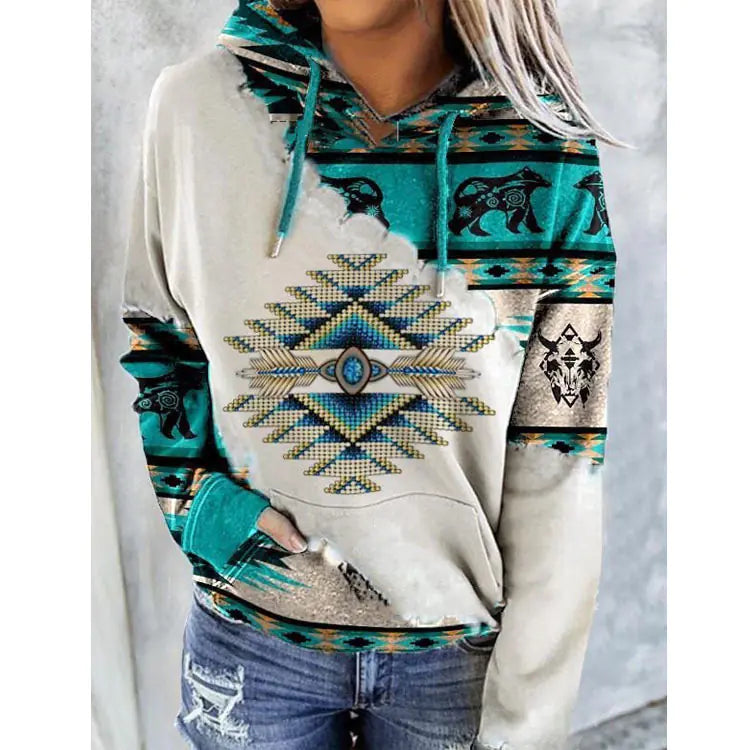 Women's Hooded Sweater with Native Print Pattern