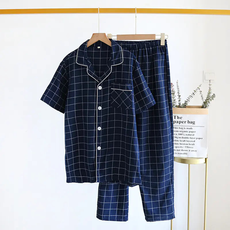 Men's Short-Sleeved Plaid Pajama Set with Trousers