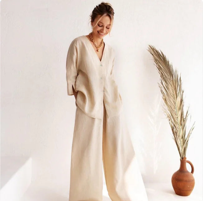 Cotton-Linen Relaxed Fit Long-Sleeve Pajama Set