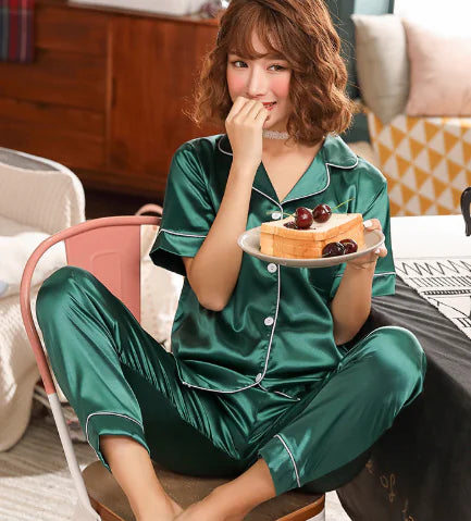 Ladies Short Sleeved Silky Pyjamas