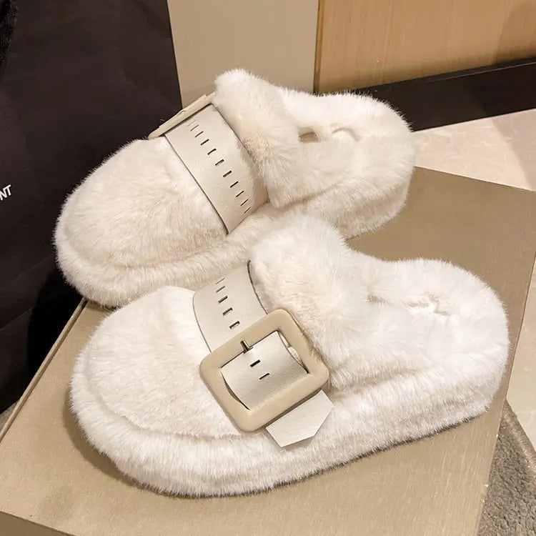 Plush Fur Slippers with Buckle