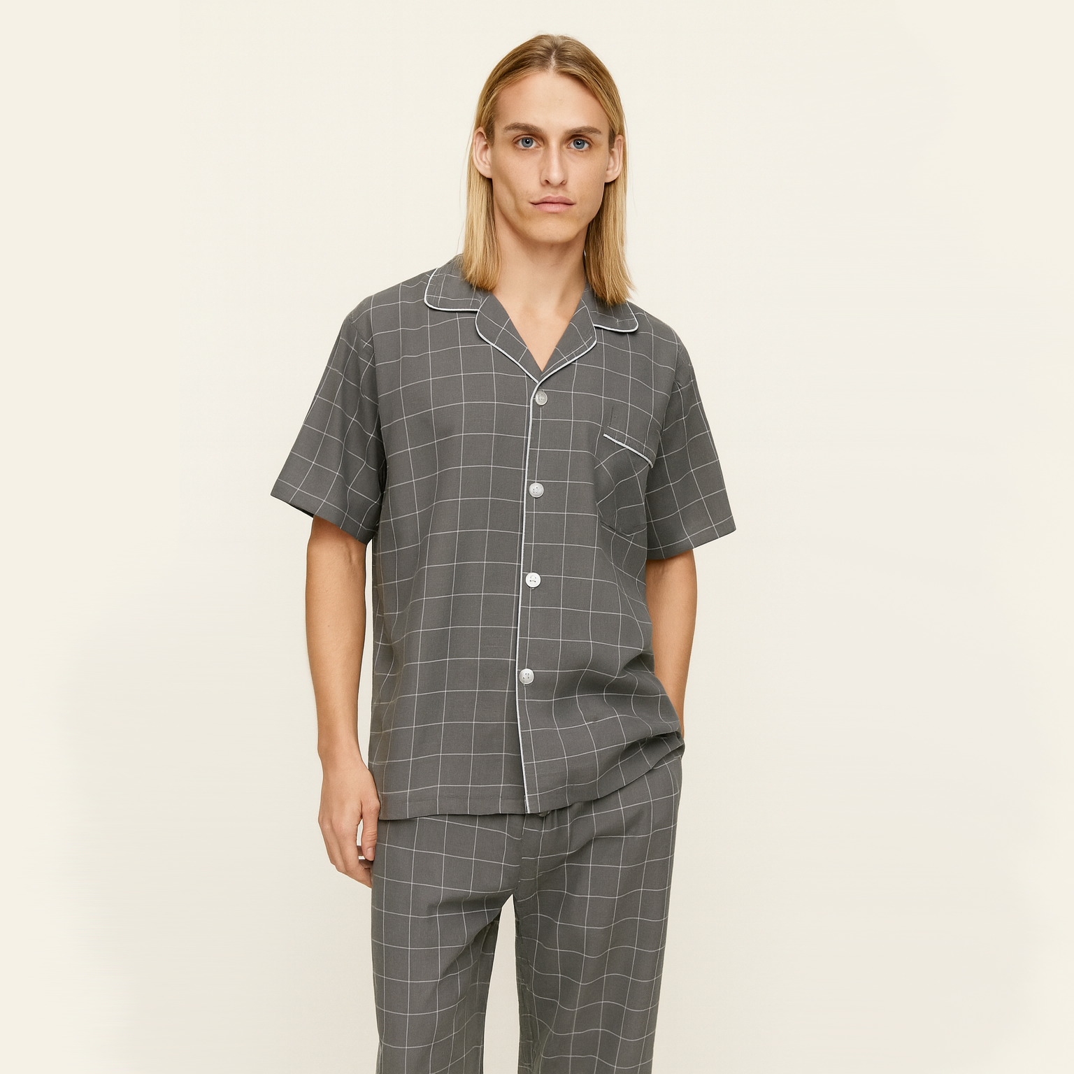 Mens Short-Sleeved Line Plaid Pajamas