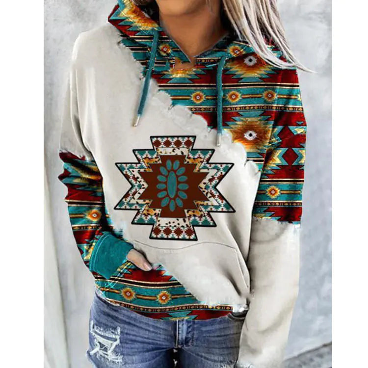 Women's Hooded Sweater with Native Print Pattern