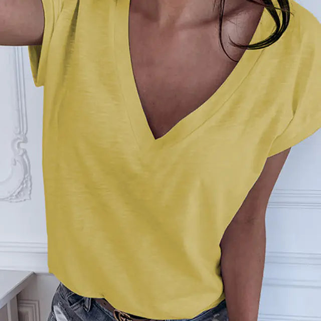 Solid Color V-neck Short-sleeved Cotton T-shirt for Women