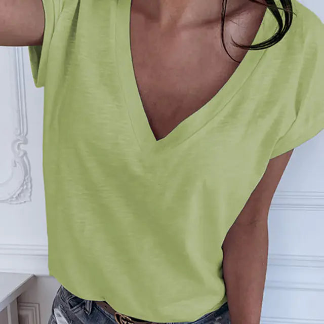 Solid Color V-neck Short-sleeved Cotton T-shirt for Women