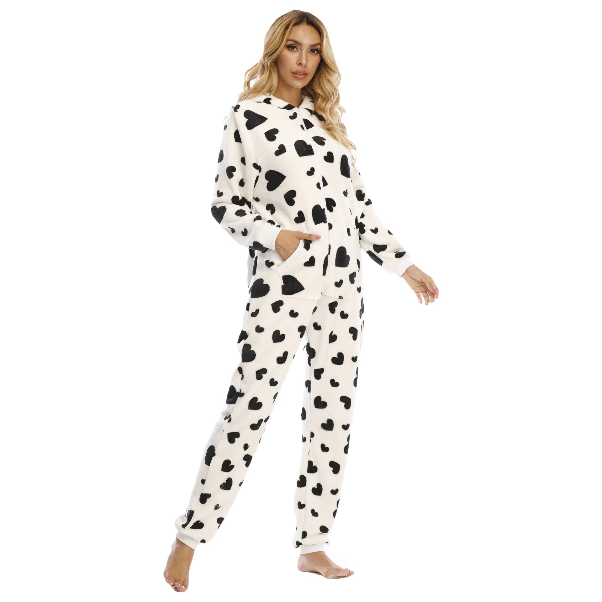 Women's Heart Print Fleece Pajama Jumpsuit