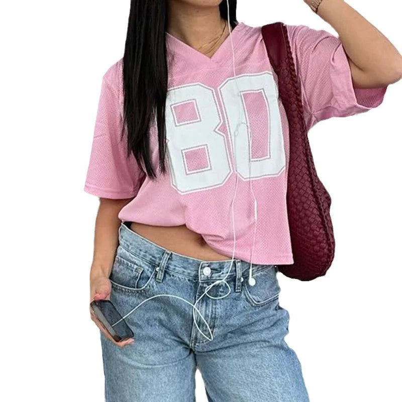 Street Tide Digital Print V-Neck Tee