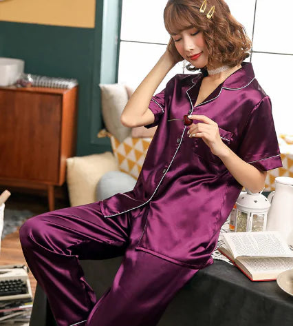 Ladies Short Sleeved Silky Pyjamas