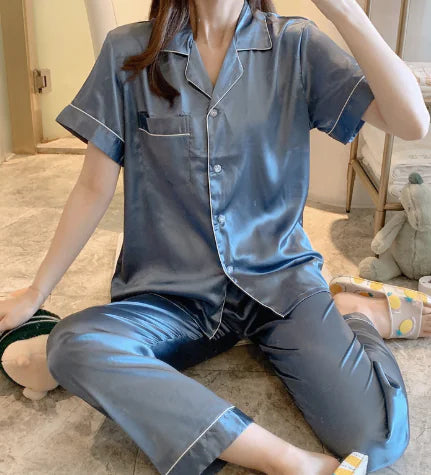 Ladies Short Sleeved Silky Pyjamas