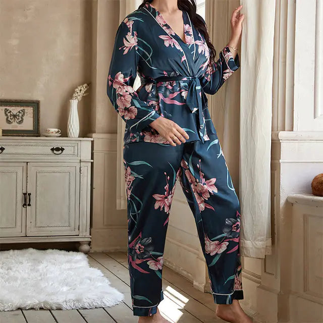 Plus Size Ladies Satin Robe & Trousers