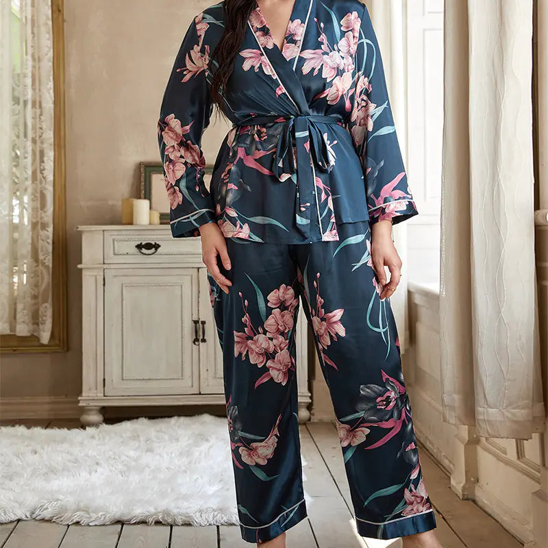 Plus Size Ladies Satin Robe & Trousers