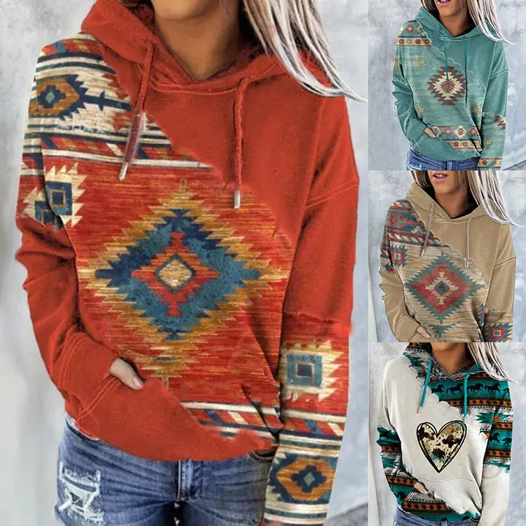 Women's Hooded Sweater with Native Print Pattern