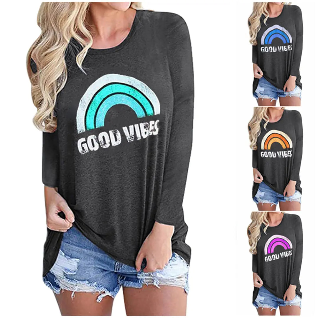 Good Vibes Rainbow Print Loose Long Sleeve Tee