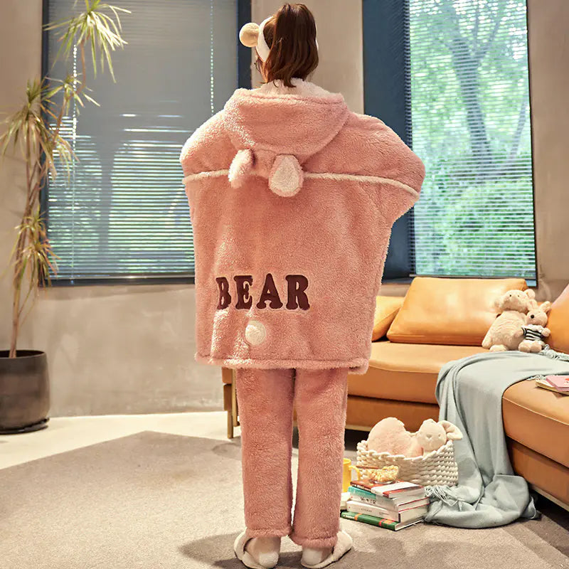 Thick Coral Fleece Hooded Robe and Pajama Set