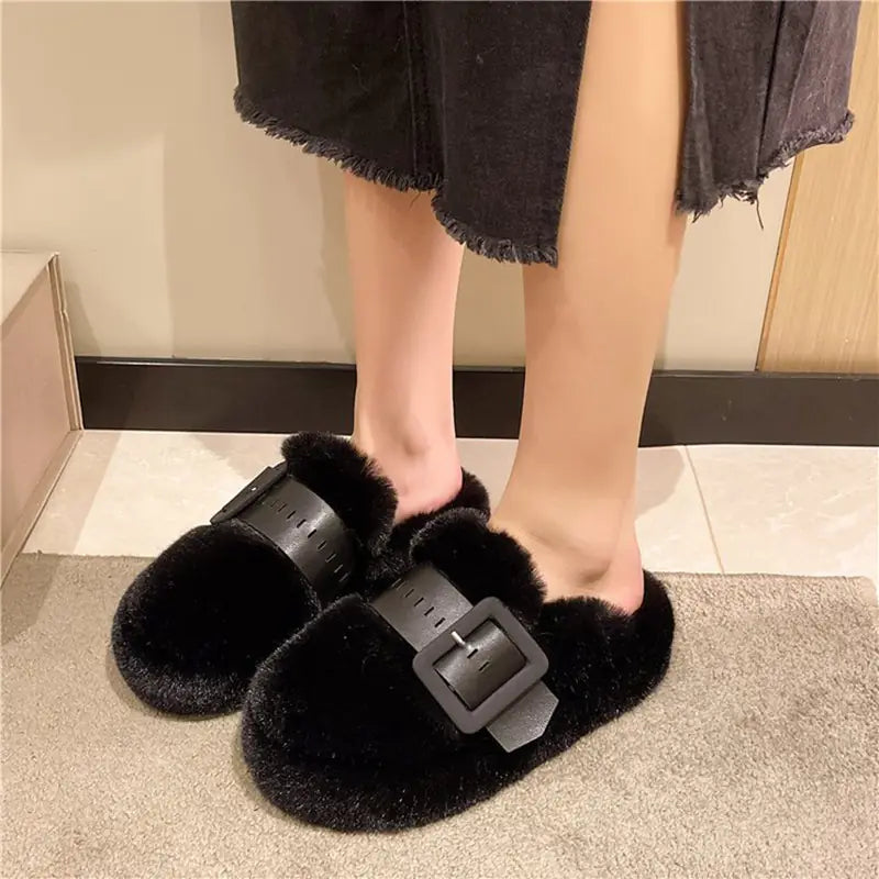 Plush Fur Slippers with Buckle