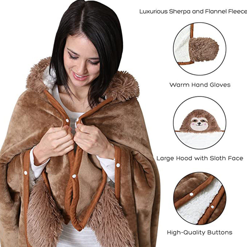 Soft Sloth Hooded Fleece Blanket Cloak
