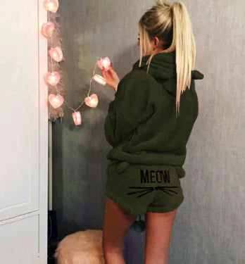 Cat Embroidery Hoody Pajama Set