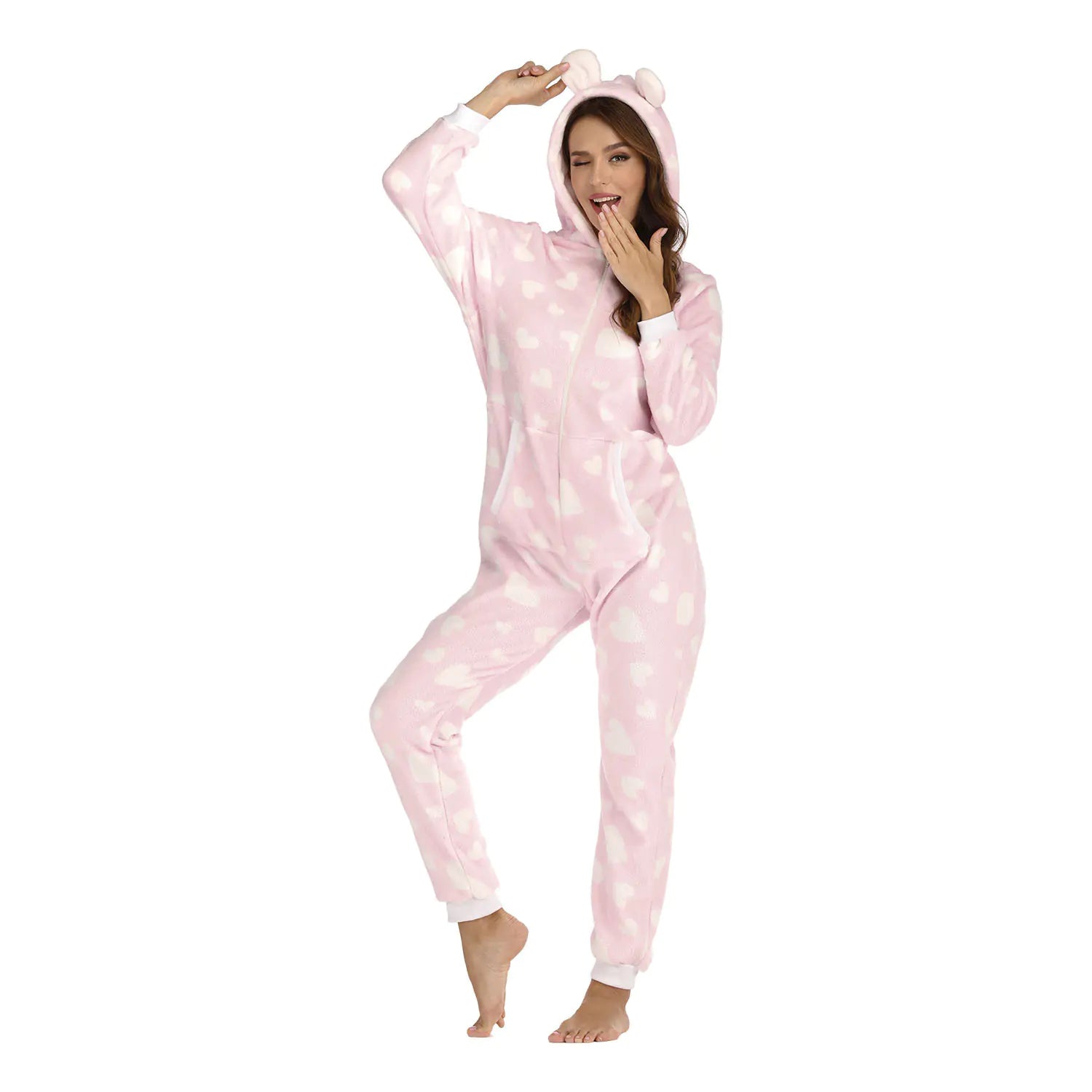 Women's Heart Print Fleece Pajama Jumpsuit
