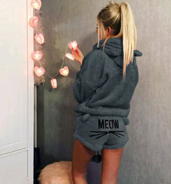 Cat Embroidery Hoody Pajama Set