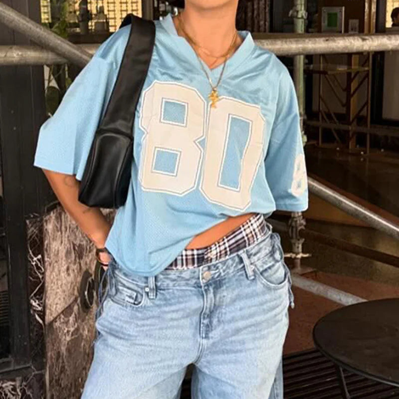 Street Tide Digital Print V-Neck Tee