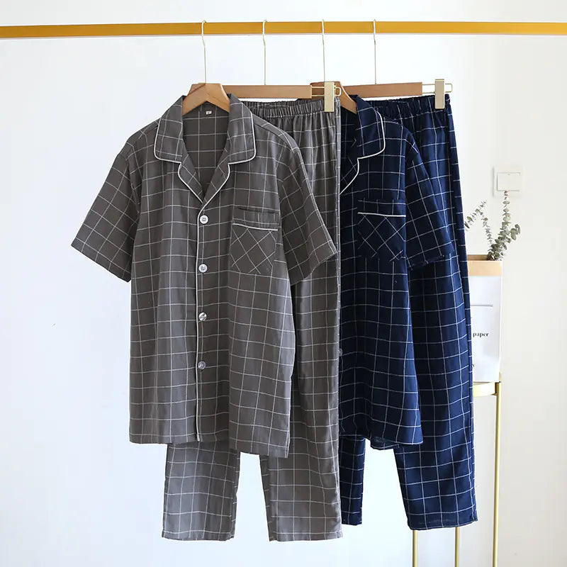 Men's Short-Sleeved Plaid Pajama Set with Trousers