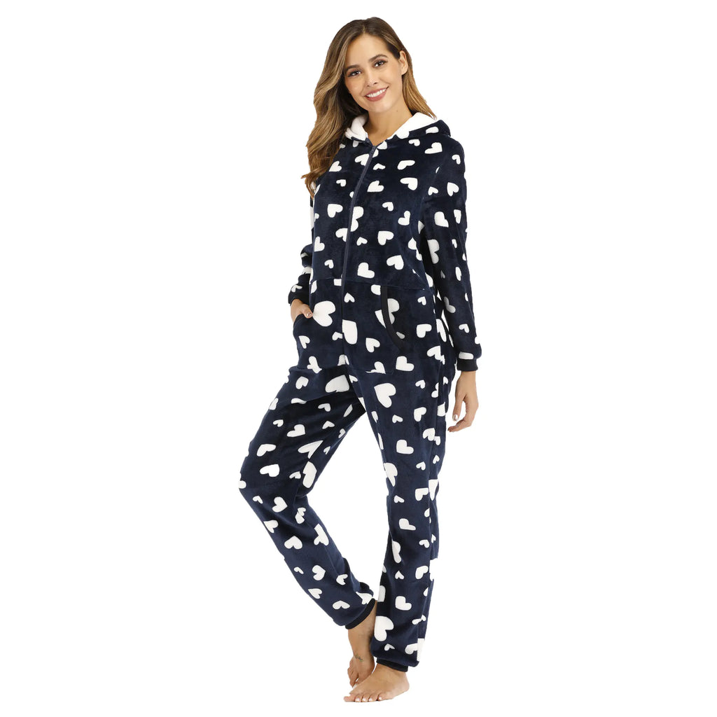 Women's Heart Print Fleece Pajama Jumpsuit