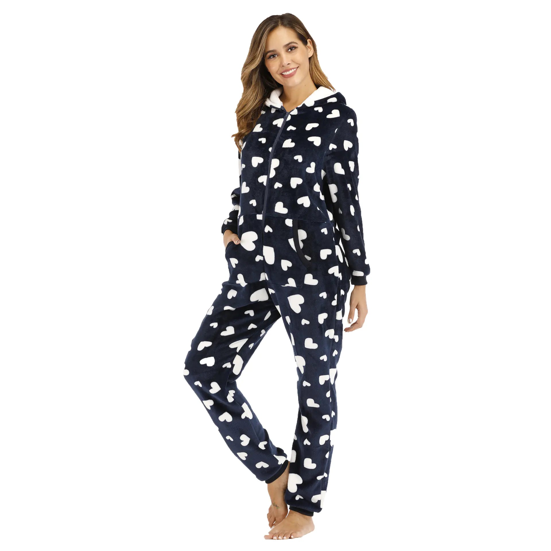 Women's Heart Print Fleece Pajama Jumpsuit