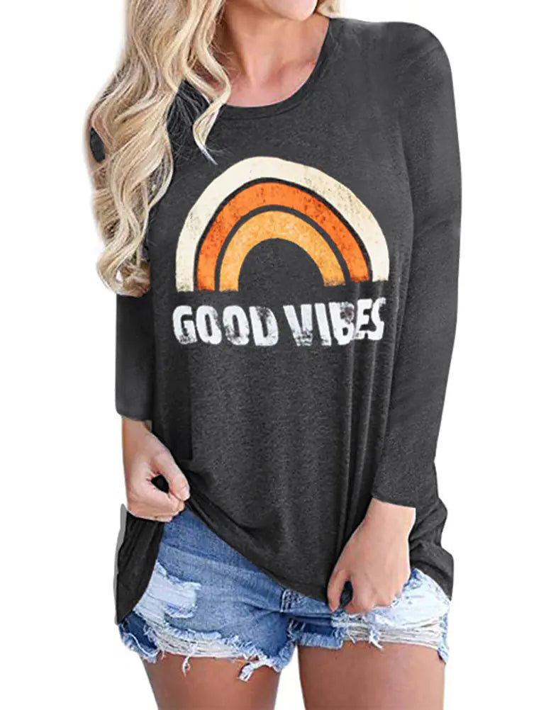 Good Vibes Rainbow Print Loose Long Sleeve Tee