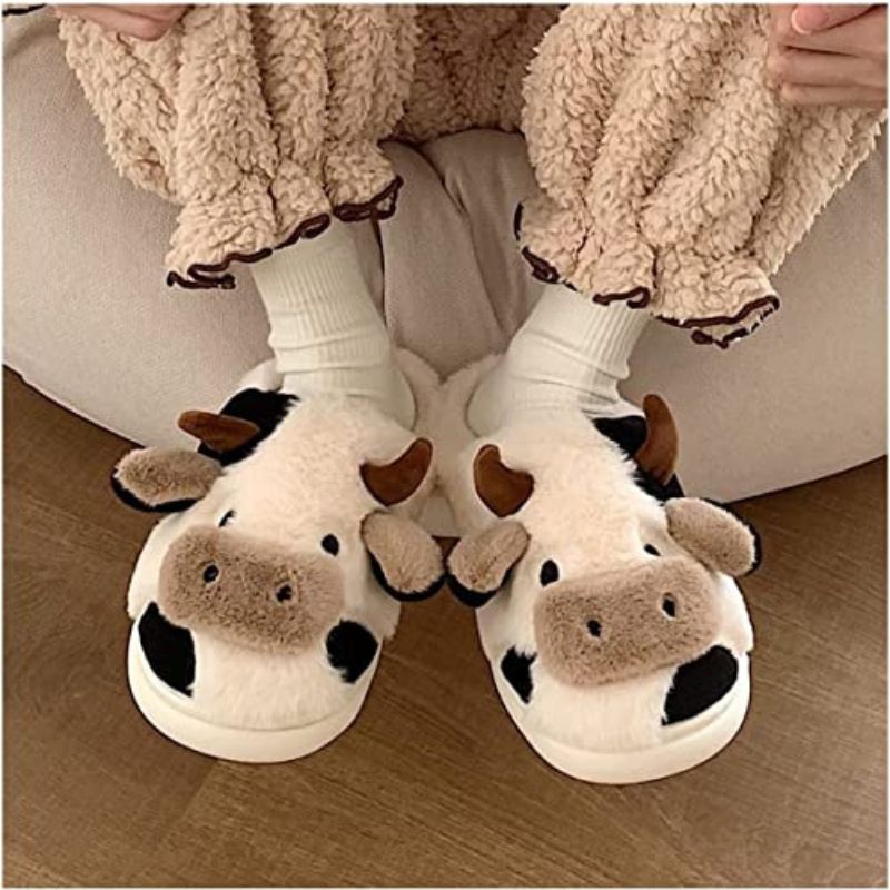 Cartoon Cow Fur Cotton Slippers