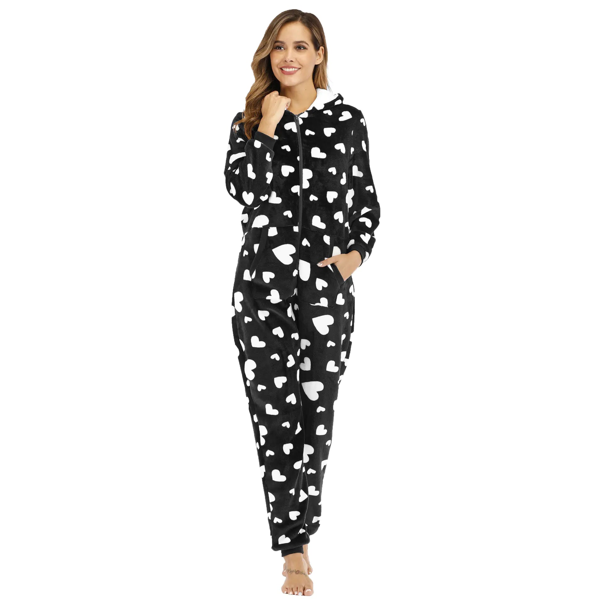 Women's Heart Print Fleece Pajama Jumpsuit