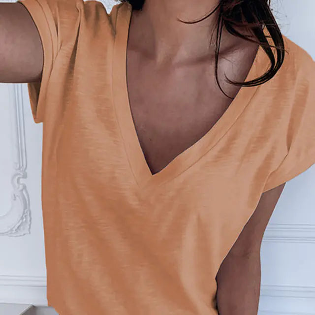 Solid Color V-neck Short-sleeved Cotton T-shirt for Women