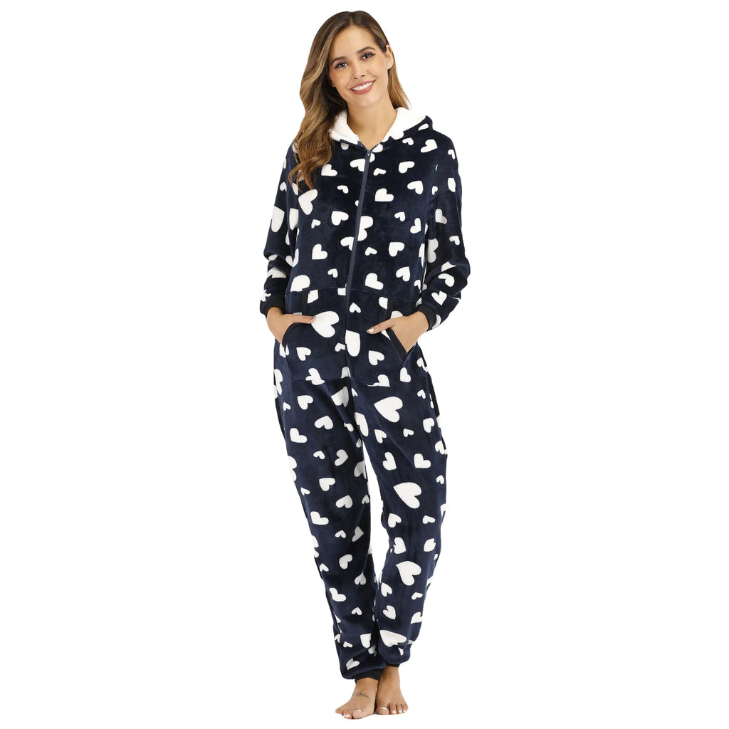 Women's Heart Print Fleece Pajama Jumpsuit