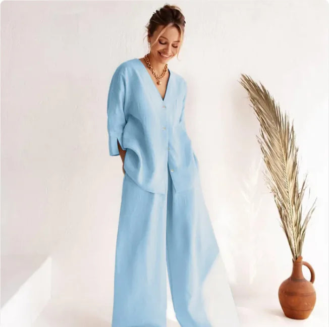 Cotton-Linen Relaxed Fit Long-Sleeve Pajama Set