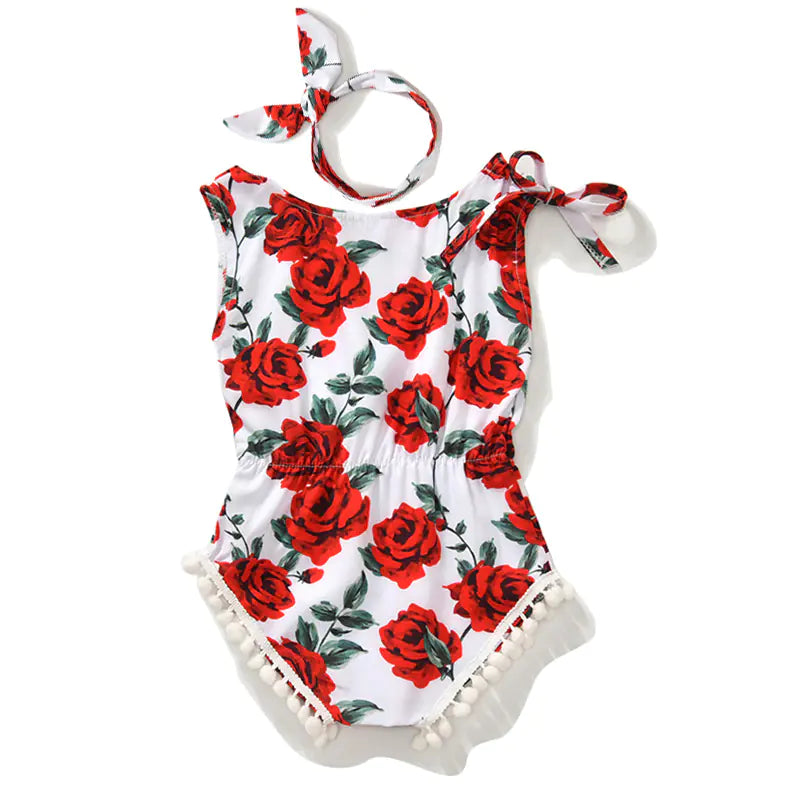 Baby Floral Romper with Headband - Sleeveless Jumpsuit