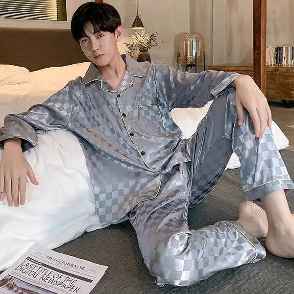 Mens Luxury 2tone Square Silk Pyjama Set