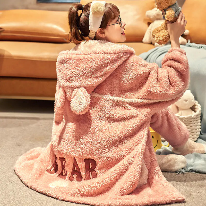 Thick Coral Fleece Hooded Robe and Pajama Set
