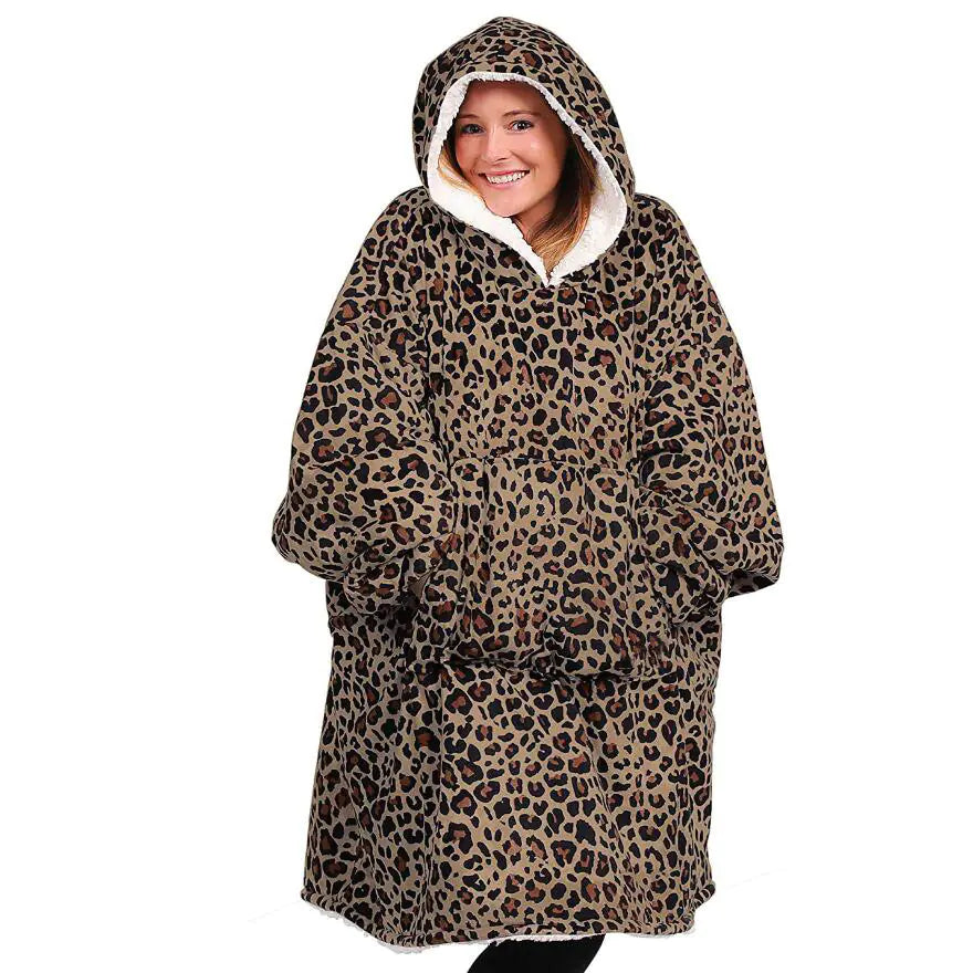 Winter White Leopard Print Hoodie Blanket for TV