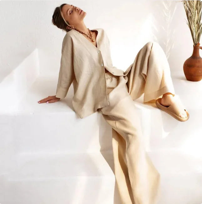 Cotton-Linen Relaxed Fit Long-Sleeve Pajama Set