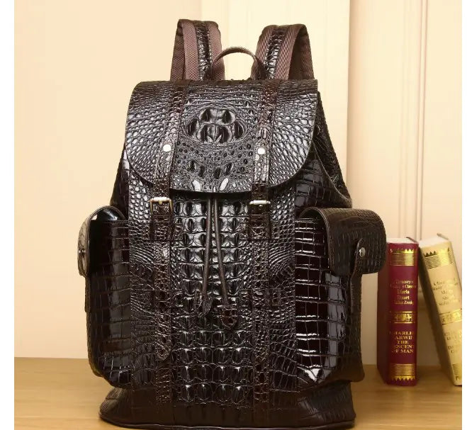 Vintage Style Handcrafted Leather Backpack with Crocodile Pattern