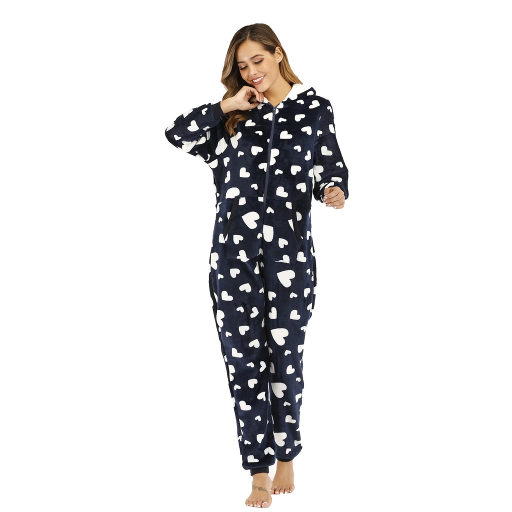 Women's Heart Print Fleece Pajama Jumpsuit